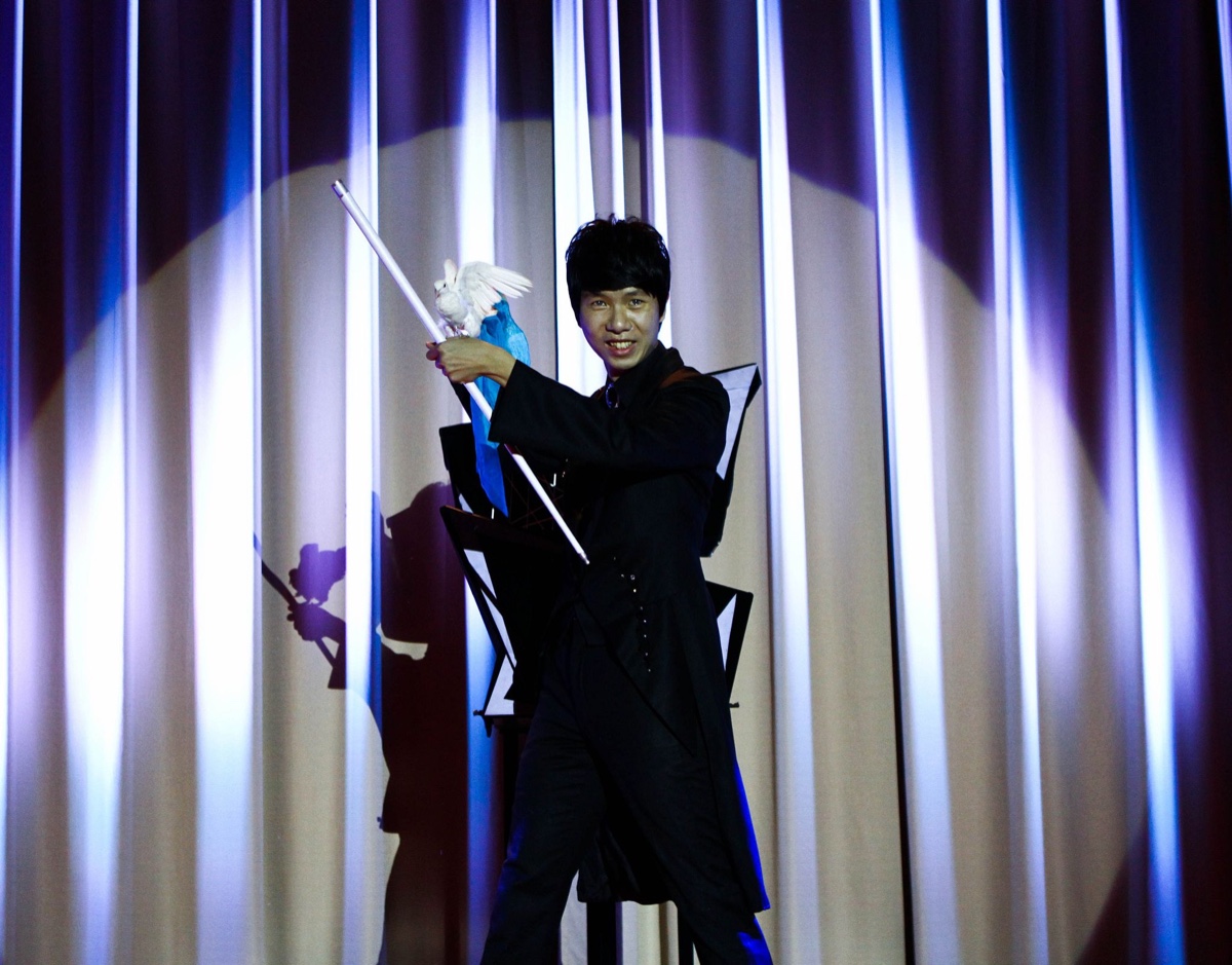 幻影鴿王以鴿子與棒子完成舞台魔術表演
